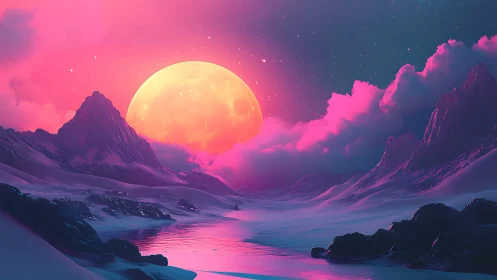 Neon lunar horizon illuminates surreal glacial valley basin