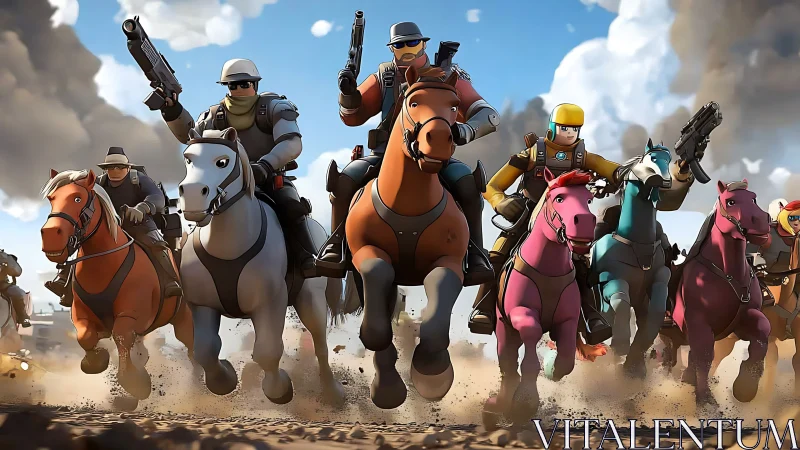 Colorful riders charge forward in a playful desert showdown.