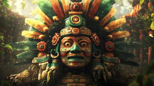 Mayan stone deity bust dominates lush jungle temple ruins