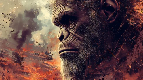 Simian warlord broods above a burning industrial horizon.