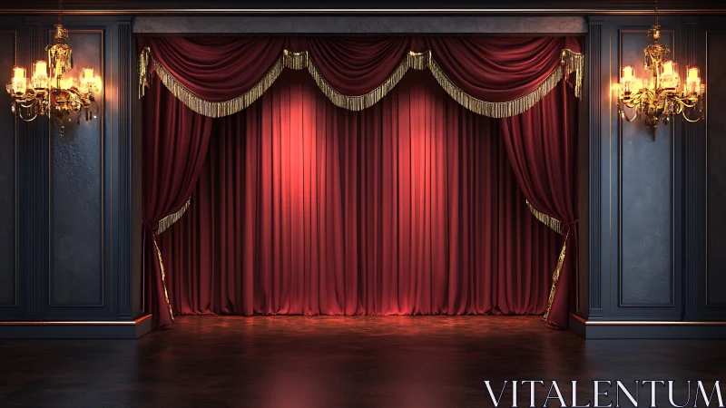 Red velvet stage curtain is framed by chandeliers and panels