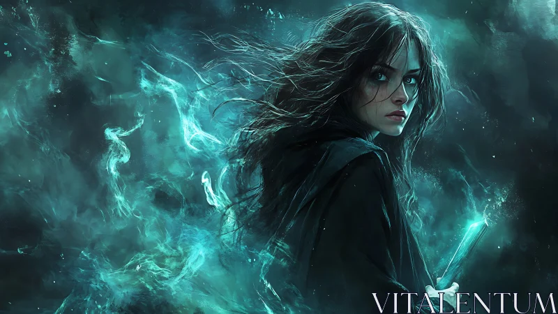 Digital painting of sorceress in teal spectral energy field.