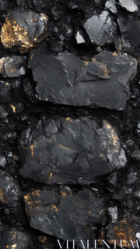 Dark fractured rock surface with metallic mineral flecks.