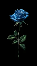 Blue rose stem stands isolated against deep black field