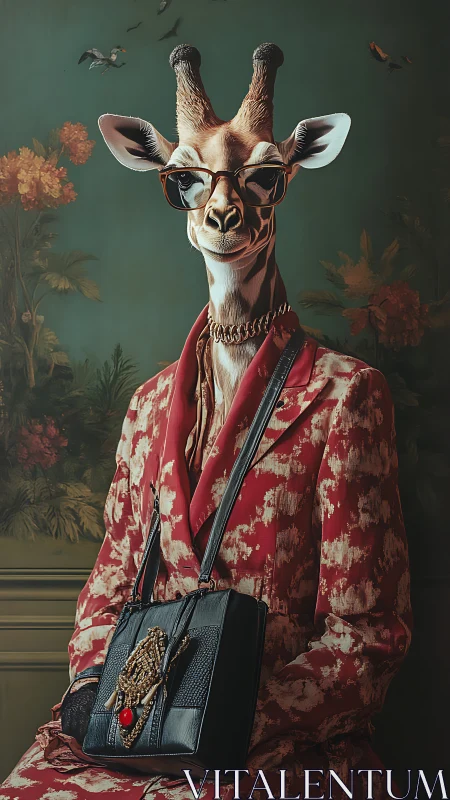 Stylish giraffe in chic red coat enjoys a poised portrait