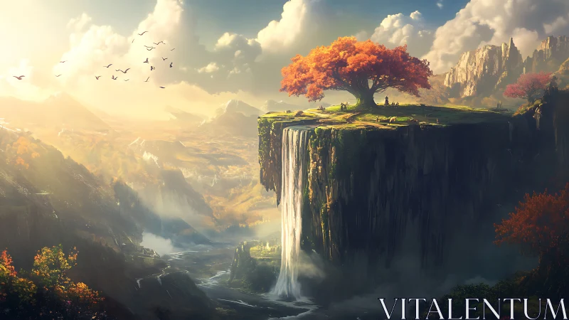 Floating plateau with waterfall and solitary red-leaf tree
