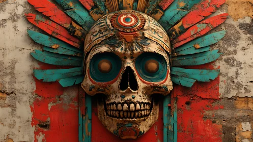 Painted skull relief glows against distressed tribal mural