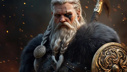 Viking warlord portrait with ornate shield and fur mantle.