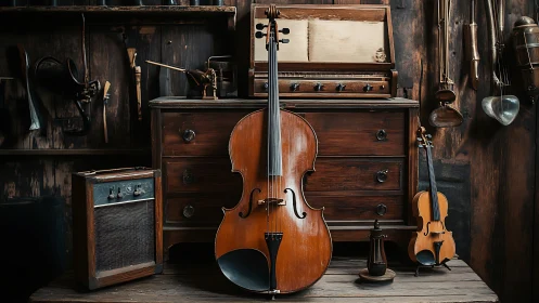 Vintage cello and violin in rustic luthier workshop interior