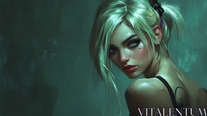 Blonde woman turns back, lit by teal rim light in portrait