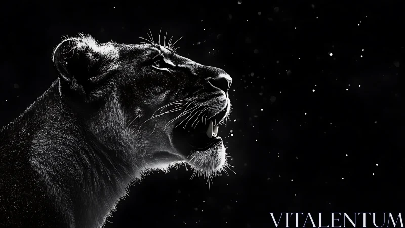 Moonlit lioness in quiet profile against starry night sky.