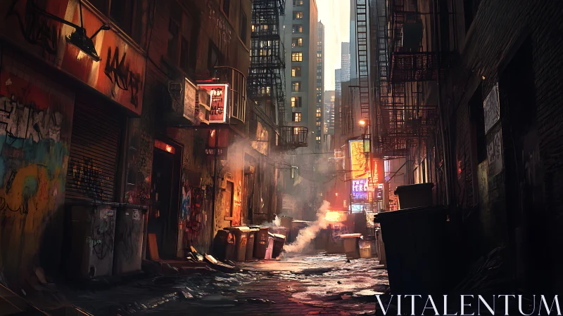 Moody cyberpunk alley with neon haze and city towers.
