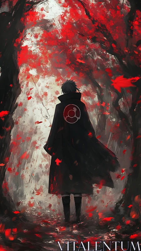 Solitary cloaked figure walks through crimson leaf tunnel