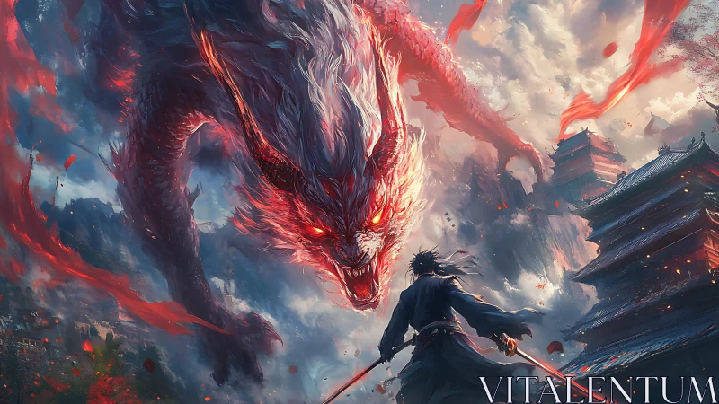Fiery crimson dragon descends as lone samurai stands defiant.