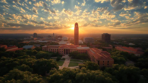 Photorealistic campus skyline with central tower at sunset.