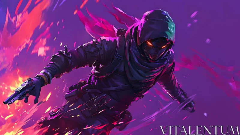 Hooded cyber rogue with pistol in neon action pose.