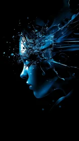 Shattered blue digital portrait with explosive liquid fragments.