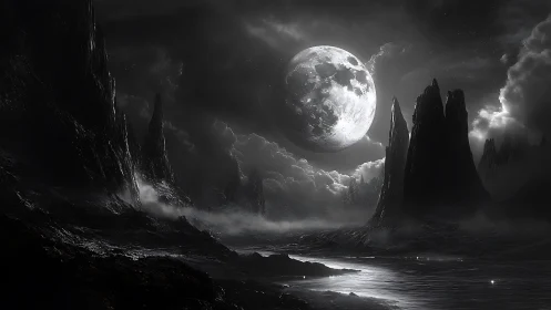 Monochrome alien landscape under massive full moon.