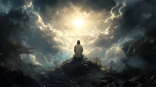 Solitary figure meditating beneath luminous storm clouds.