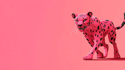 Striding neon pink leopard on minimalist coral field.