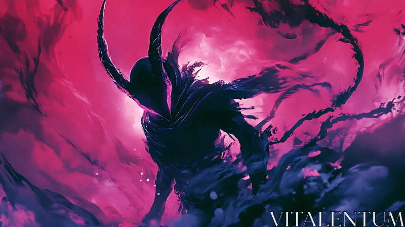 Horned shadow figure in magenta clouded abstract field.