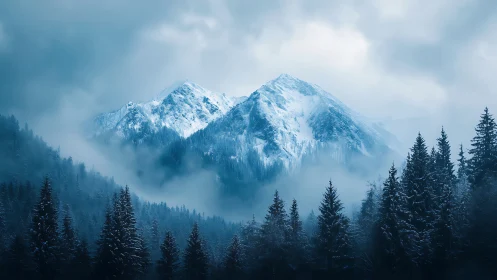 Snowy mountain peaks rising above a hushed winter forest.