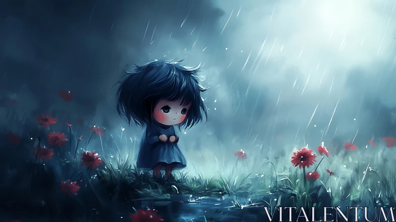 Small child character stands in rainy field with red flowers