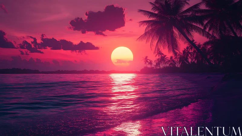 Neon tropic sunset casting magenta glow on palm shore.