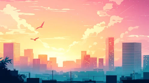 Sunset city skyline in soft pastel gradient light.