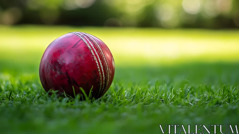 Weathered red cricket ball on trimmed outfield grass plane.