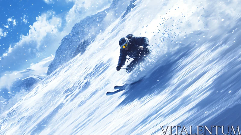 Solo skier cutting through powder on steep alpine slope.