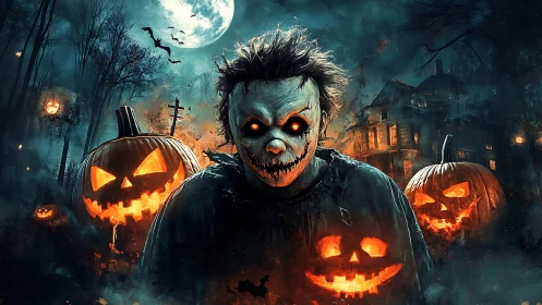 Masked figure stands before glowing jack o lanterns at night