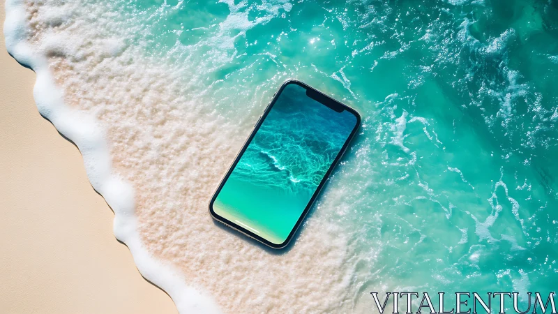 Smartphone on turquoise surf shoreline, screen mirroring sea.