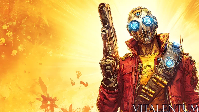 Masked sci fi gunman stands in front of bright yellow burst