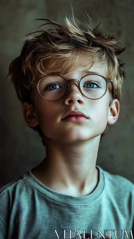 Young boy with glasses gazes upward thoughtfully.