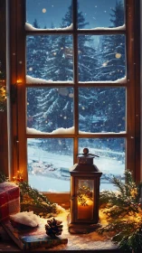 Lantern glow and snowfall hush beyond a storybook window.