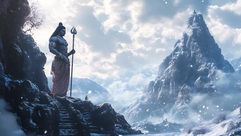 Himalayan deity statue overlooks snowbound mountain valley