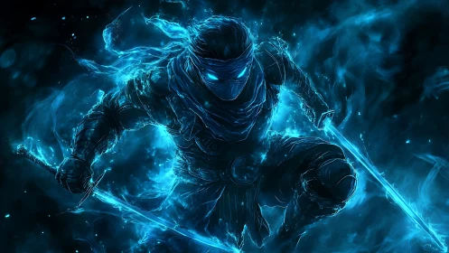 Blue spectral ninja warrior with dual glowing swords.