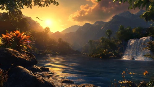 Sunlit tropical river flows past rocks beneath glowing sky
