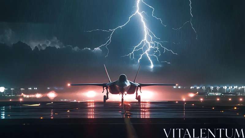 Photorealistic fighter jet on stormlit runway, axial symmetry.