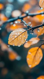 Close-up of wet orange leaves on branch after rainfall.