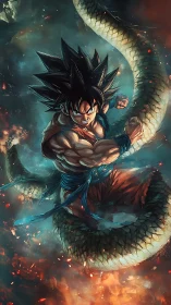 Spiky haired fighter entwined with large serpentine dragon.