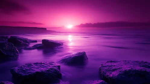 Violet seascape sunset bathes coastal rocks in neon light.