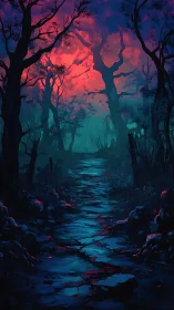 Forested pathway with twilight illumination and layered atmospheric conditions.