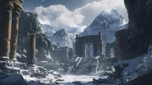 Snow-crowned mountain temple ruins awaiting lost footsteps.