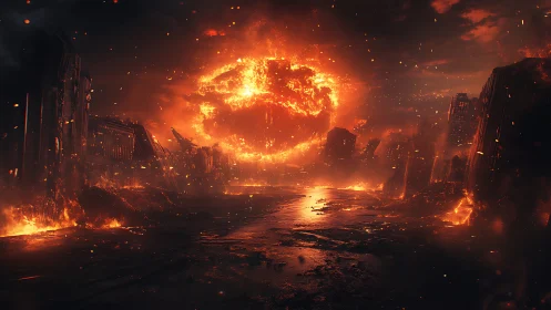 Urban skyline dissolves under large fiery celestial object