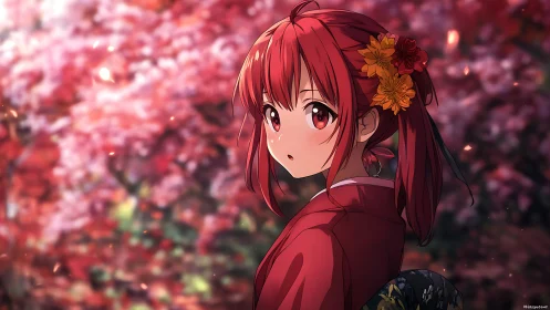 Red haired girl in kimono before blurred floral backdrop.