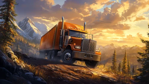 Articulated orange semi truck ascending alpine dirt grade.