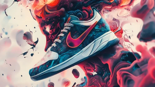 Dynamic sneaker bursts through swirling neon paint clouds.