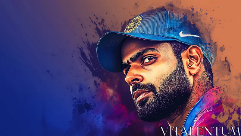 Cricket captain in electric splatter portrait stare-down.